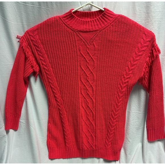 American Rag Sweaters - American Rag Cie Womens L Neon Pink Cable Knit Fringe Sweater Mock Neck Sz. L